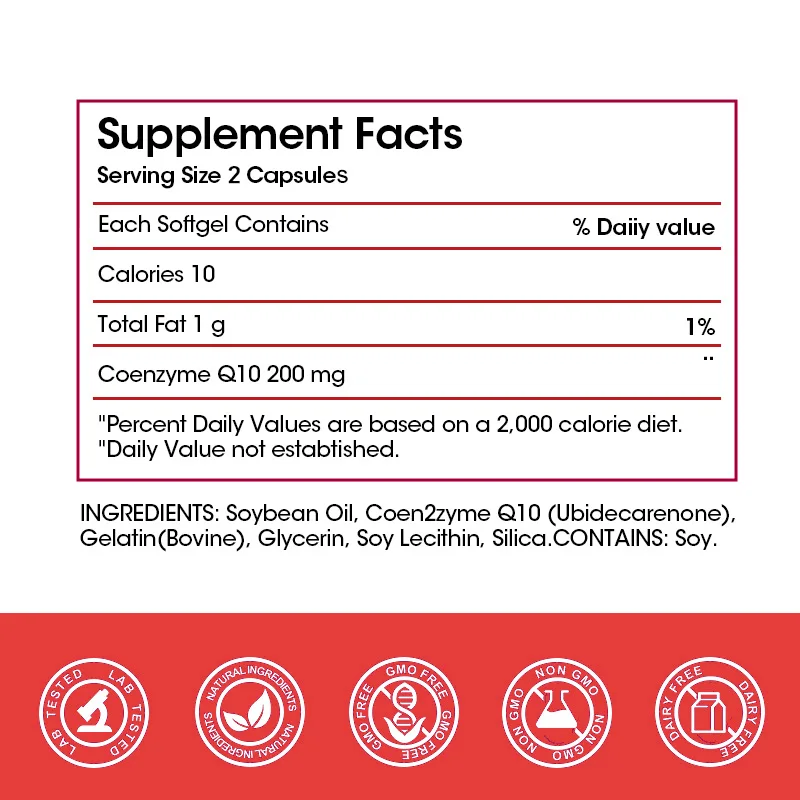 Cápsulas de coenzima Q10, 200mg, proporciona energía, promueve la salud Cardiovascular, soporte para la circulación, antioxidante