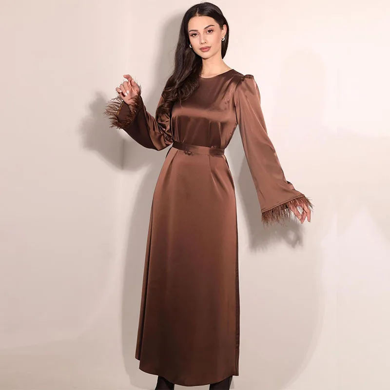 NHKDSASA 2024 New Arrivals Muslim Elegant Gown Maxi Long Sleeve Casual Night Dress With Belt Luxury Evening Dresses For Women