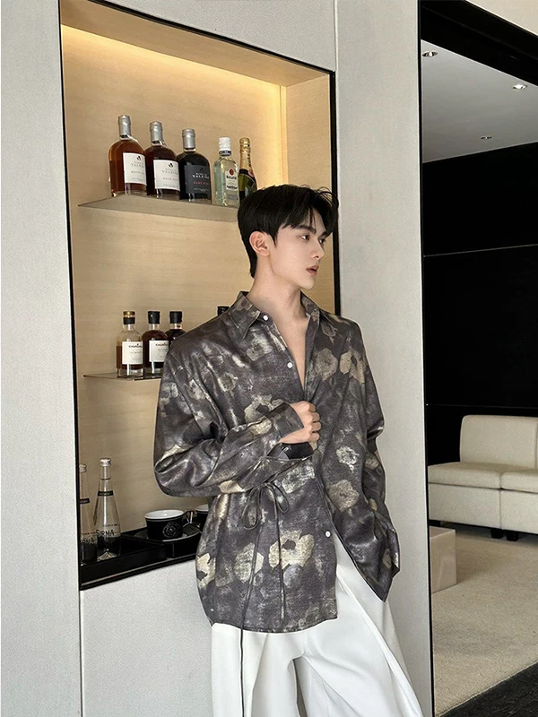 

Мужская рубашка TANGZ Studio с длинным рукавом, струящимся цветным узором, свободного кроя, с поясом, из полиэстера, для весны и лета, повседневная