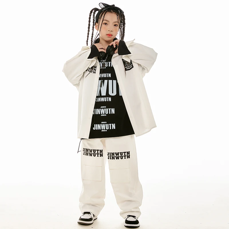 2023 Kids Hip Hop Clothes Girls Jazz Dance Costume White Coat Pants Loose Long Sleeves Suit Kpop Stage Performance Wear BL11840