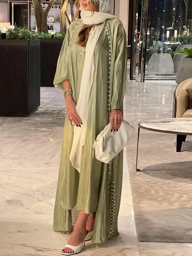 Caftán marroquí Abaya musulmán vestido de mujer conjunto de 2 piezas Abayas vestidos Dubai árabe seda satén Kimono cárdigan bata prendas de vestir