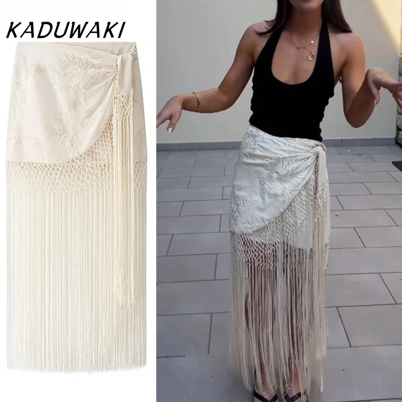 

KADUWAKI Retro Woman Skirts Summer Boho Long Skirts for Women Pleats Knot Lace Midi Skirt Cut Out Sexy Tassel Beach Wrap Skirt