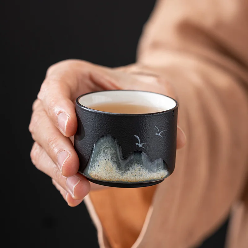 Jingdezhen-Black Pottery Landscape Tea Cup Creative Ceramic Master Cup, Frosted Kung Fu Tea Bowl, Small Tea Bowl, XH164