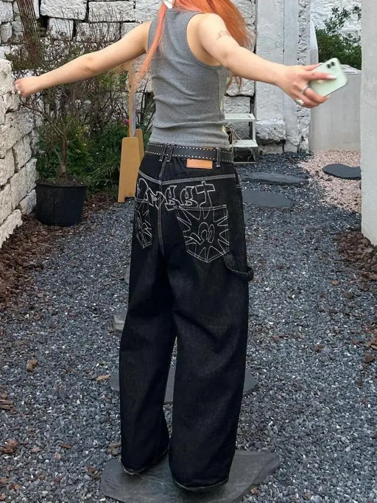 

Erwofeina Embroidery Loose Wide Leg Jeans Women Korean Fashion American Retro Women's Denim Pants 2000s Clothes Y2k Trousers