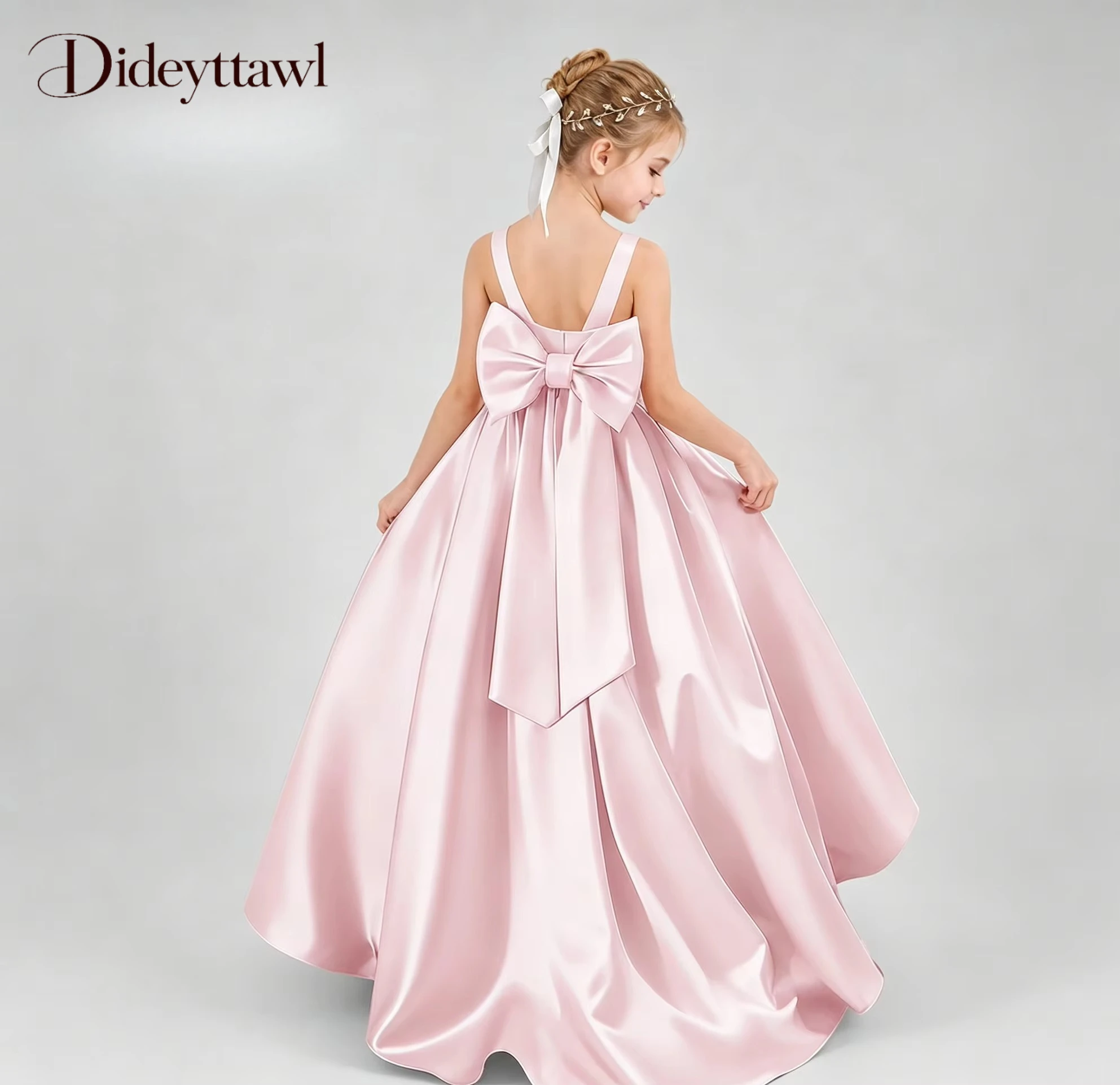 Dideyttawl Elegant Satin Flower Girl Dress With Big Back Bow Multi Color Kids Wedding Bridesmaid Gown Sleeveless Princess Dress