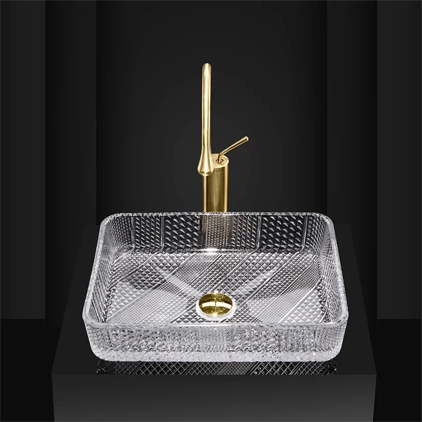 Glass Countertop Sinks Transparent Washbasin Simple Home Bathroom European-style Square Basin Shampoo Sinks With Drainer Faucet