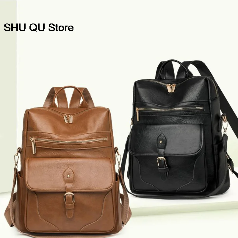 Women Vintage PU Leather Purse Multi‑Functional Anti‑theft Travel Backpack  Convertible Shoulder Bag Casual Daypack Work School