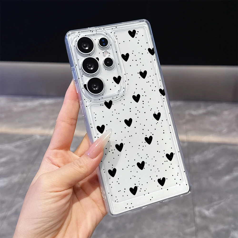 Black Heart Dot Print Clear Soft TPU Phone Case For Samsung S26 S24 S21 FE Plus A57 Anti Scratch Slim Back Cover