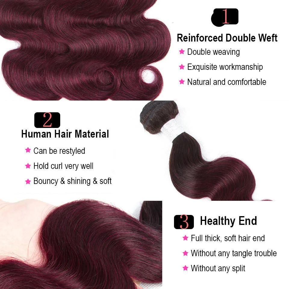 Red Burgundy Raw Unprocessed Hair Bundles Ombre Body Wave Bundles Brazilian Weave Human Hair 3/4 Bundles 99j Hair Extensions