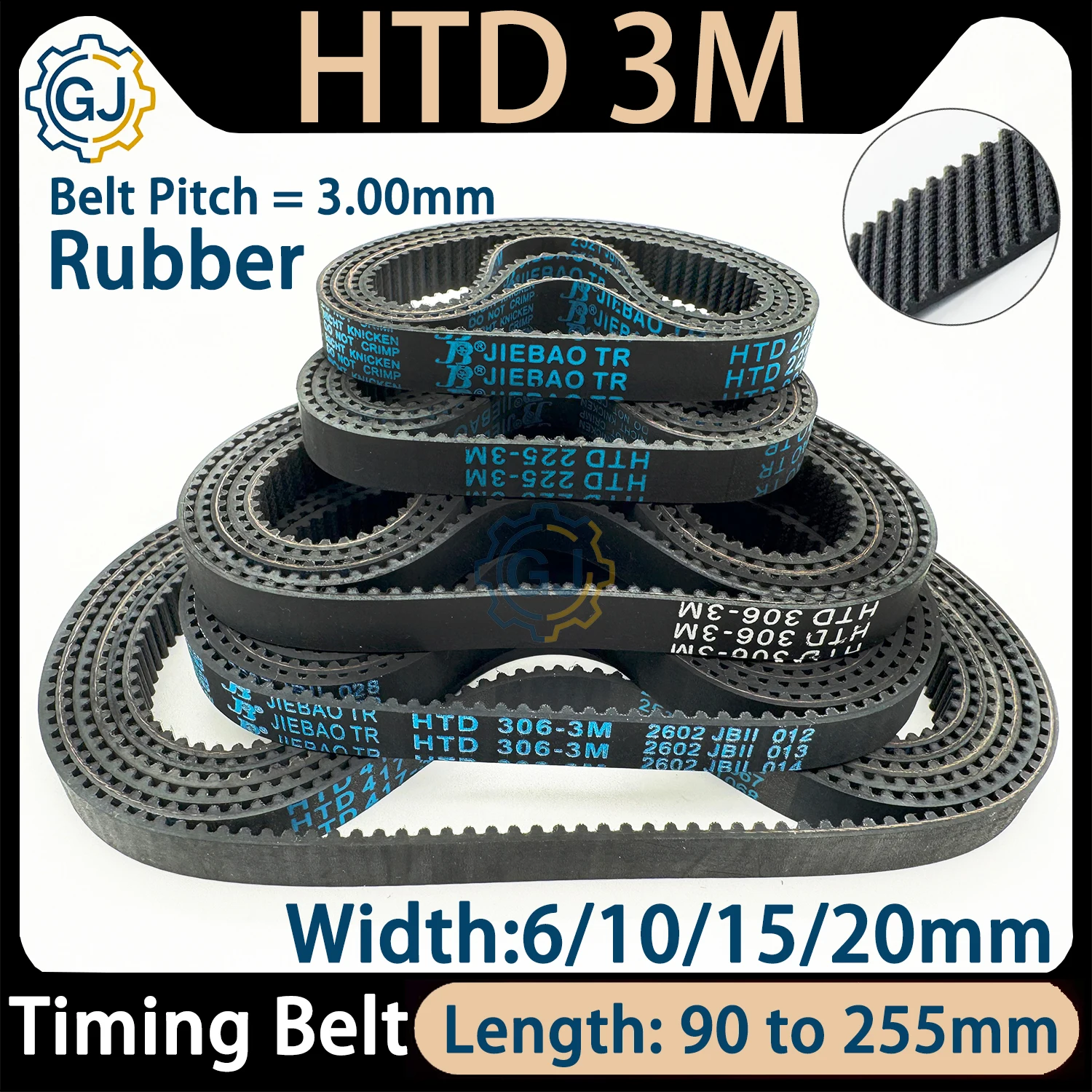 HTD 3M Timing Belt Perimeter Lp=90 99 120 132 147 150 168 177 183 198 201 216 255mm Rubber Closed Loop Belt Width 6/10/15/20mm
