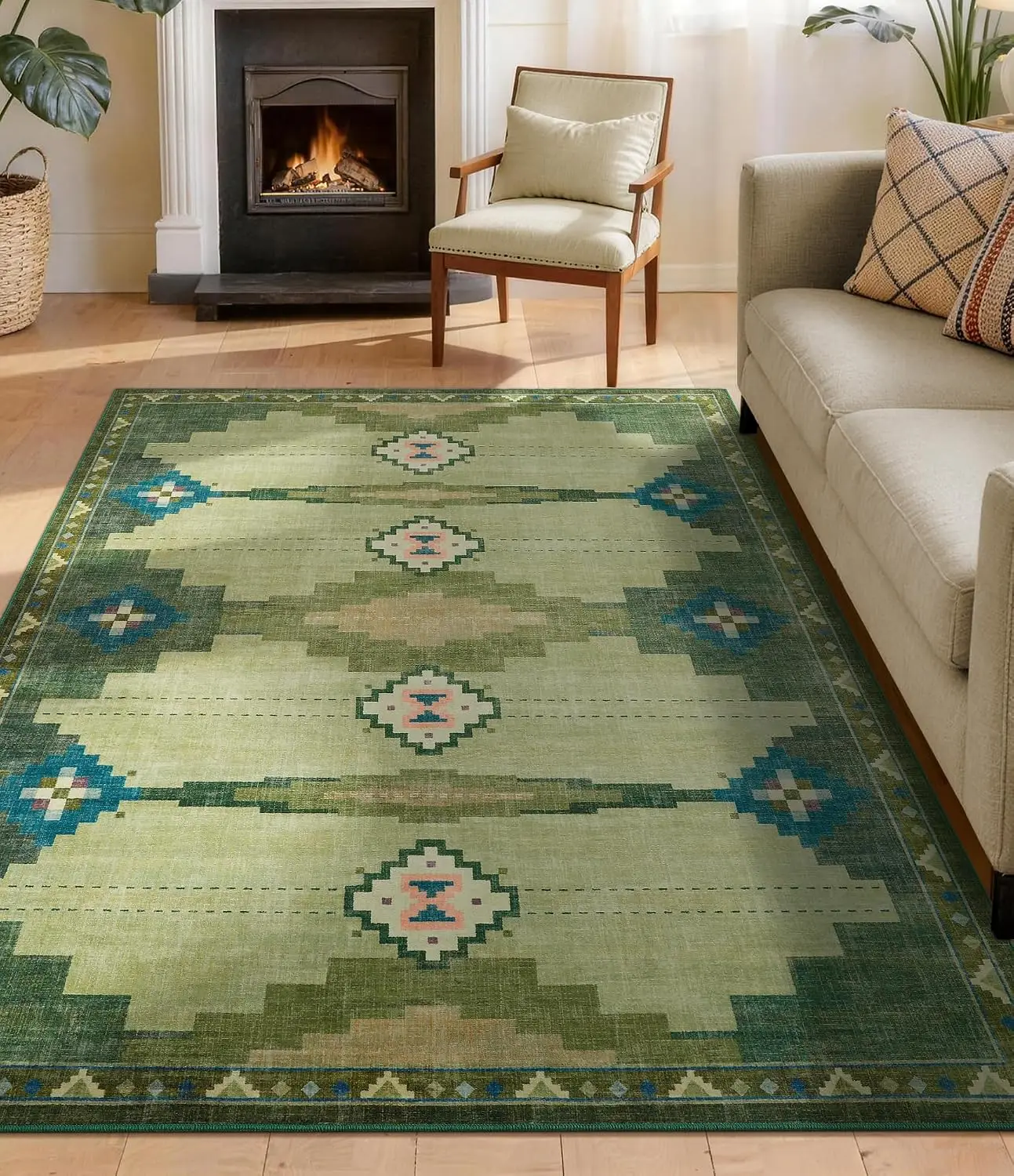Green Mid Century Modern Area Rug, No-Slip Washable Southwestern Carpet for Living Room Bedroom Dining Room Home Decor
