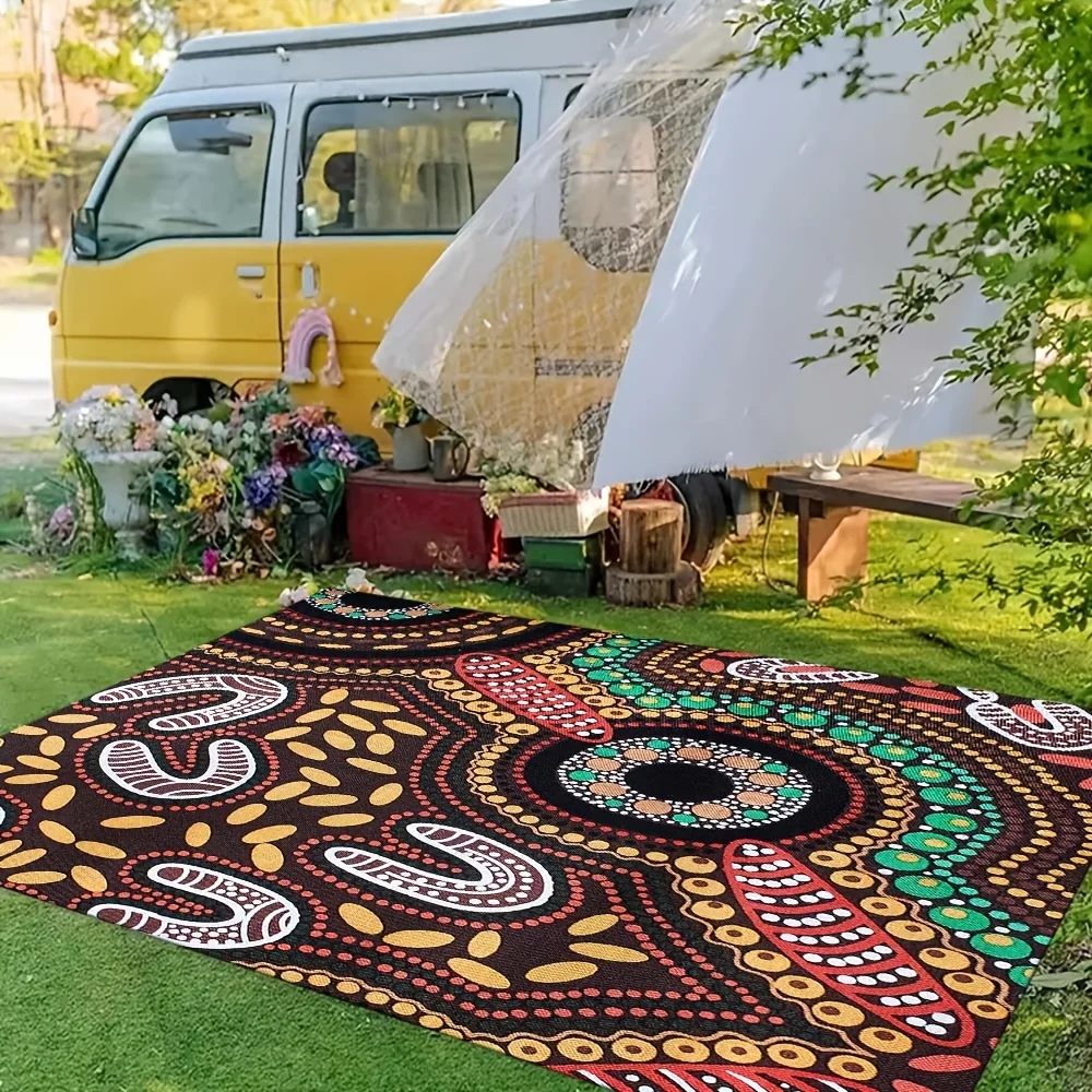 VIKAMA Aboriginal Dot Outdoor Area Rug Ethnic Tribal Circle Print Non‑Slip Washable Soft Carpet for Patio Living Room Decor Rug