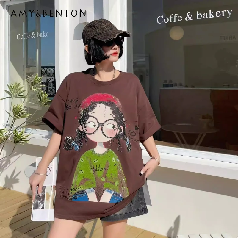 

2026 Summer New Fashion Round Neck Cartoon Tshirts Soft Girl Pattern Slimming Short Sleeves Cotton Top Casual T-shirt For Women