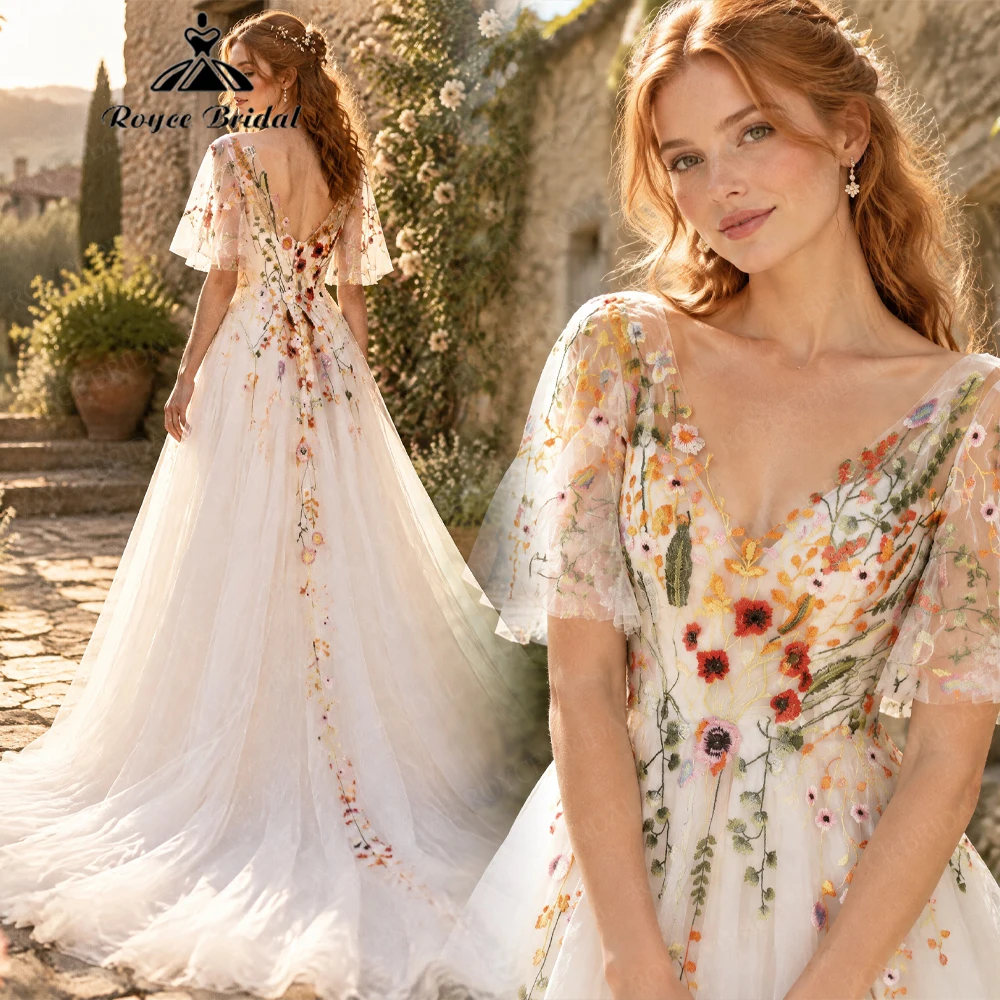 Roycebridal Elegant Appliques A Line Wedding Dresses 2027 Colorful Embroidery Backless Bridal Gown Customized Vestido De Novia