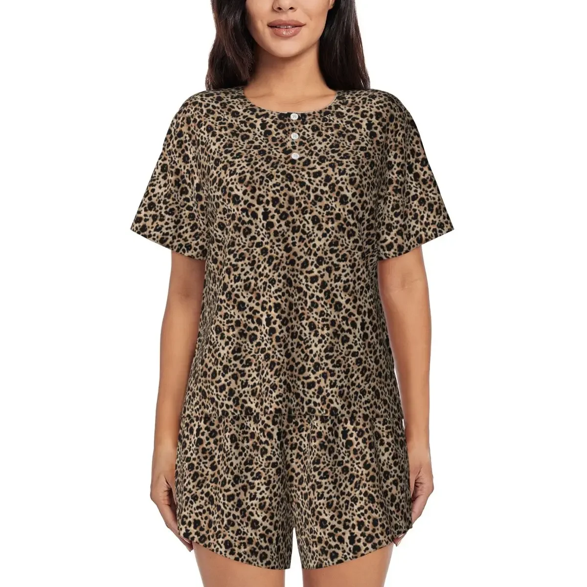 

Brown Leopard Pattern Round Neck Short Sleeves Nightdress for Sleeping Sleepshirts Women Loose Pajama Set Short Pants