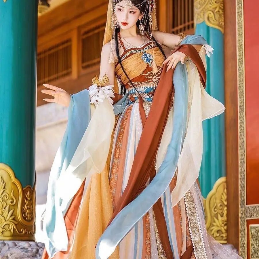 

Экзотический стиль Ханфу Тианьчжу Принцесса Западный регион Богиня Хань Элемент Улучшенный древний костюм Дуньхуан Файтян Хэллоуин
