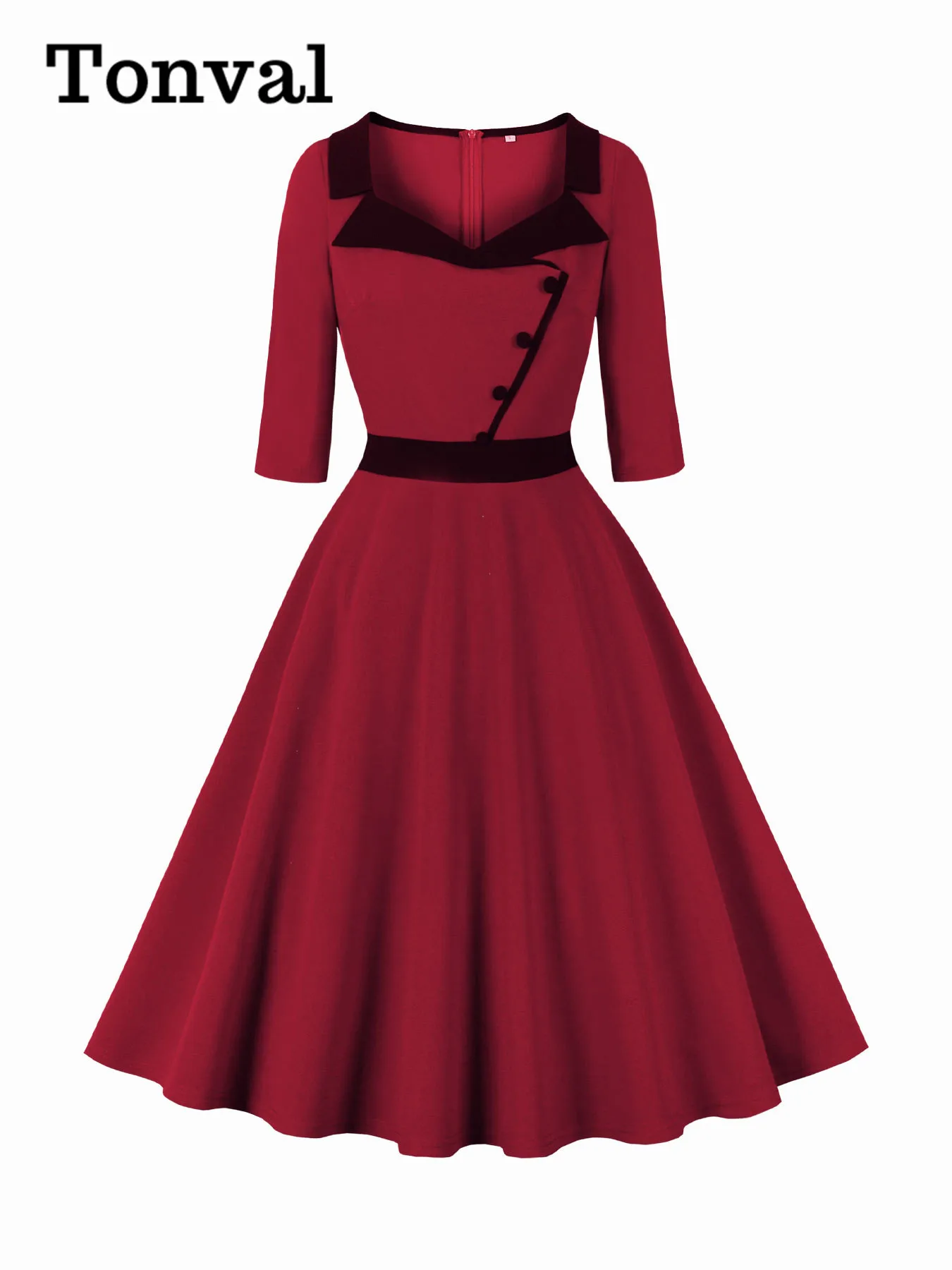 Tonval Herzförmiger Ausschnitt mit Knöpfen, elegantes Burgunderrot, lange Kleider, 3/4-Ärmel, Herbst 2024, Damen-Vintage-Swing-Kleid