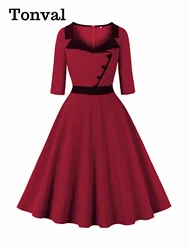 Tonval Sweetheart Neck Slant Buttons Elegant Midi Dresses for Women 3/4 Length Sleeve 2026 Autumn Vintage Swing Dress