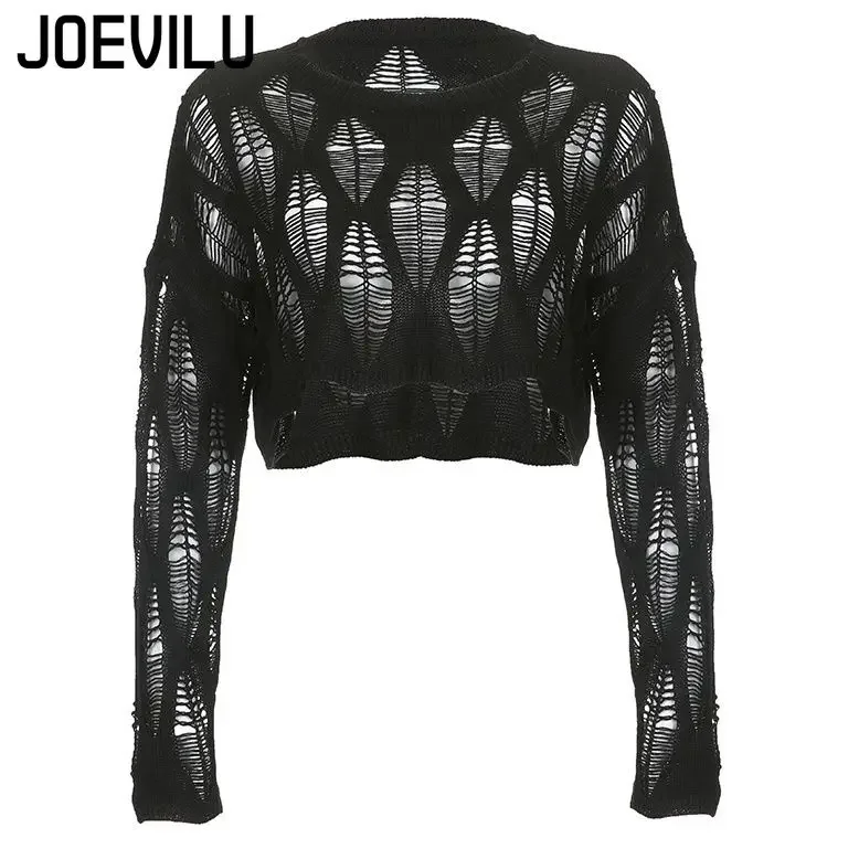 Irregular Hole Crop Top Thin Black Sweater Casual  Vintage Gothic Blouses Versatile Lazy Outerwear Pullovers Womens Fashion Tops