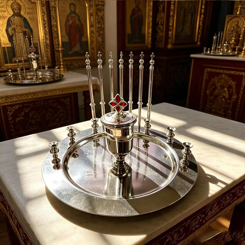 New Ornate Gold Metal Vigil Lamp Red Glass Gemstone Candle Holder Orthodox Christian Religious Gift for Prayer Home Altar Decor