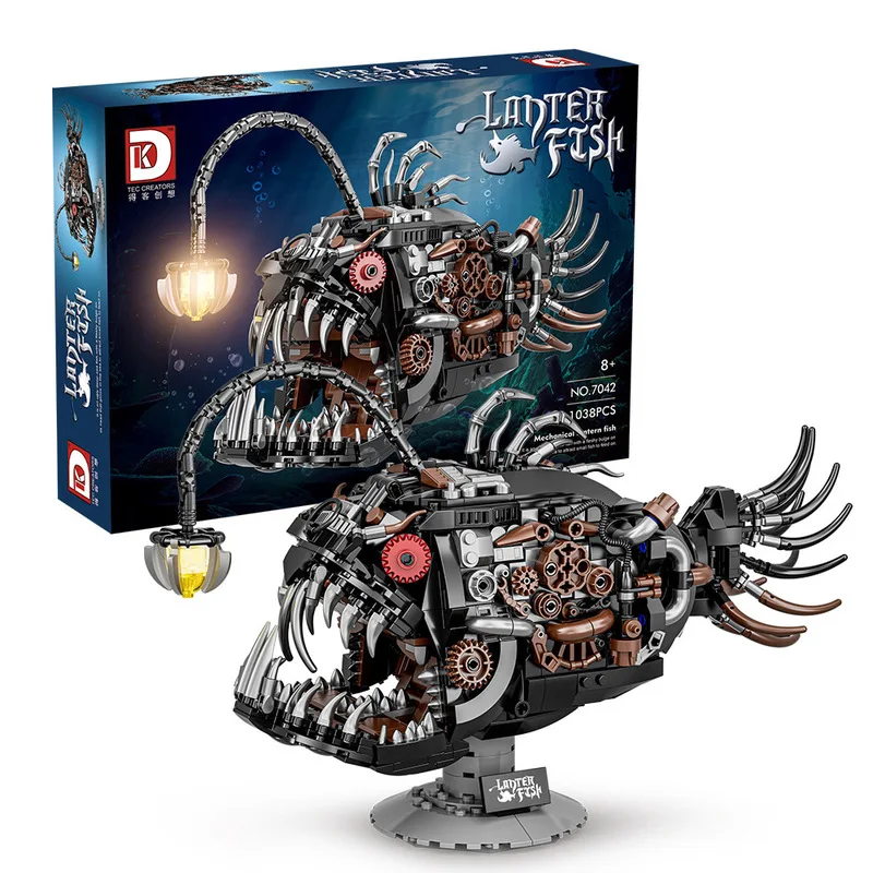 Kit modello di blocchi di costruzione meccanici Anglerfish con luce a LED Set di costruzioni complesse per giocattoli assemblati creativi per adulti