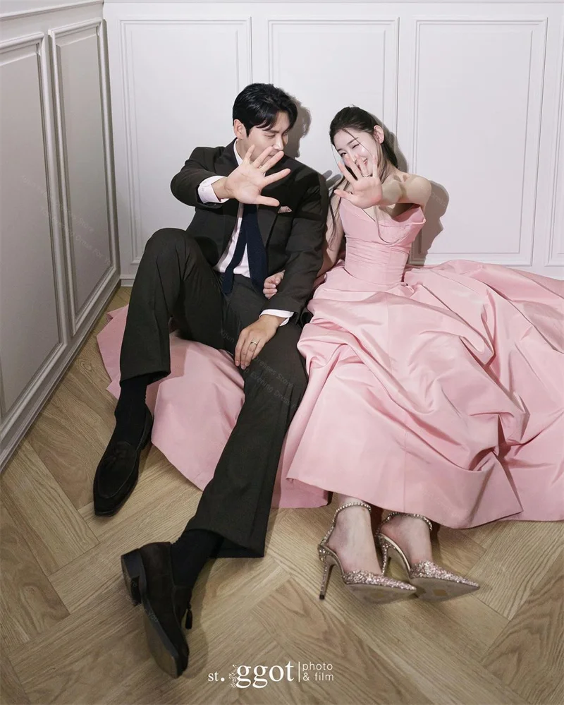 Xijun Simple Blush Pink Taffeta Evening Dresses Wedding Photoshoot Sweep Train Formal Party Special Occasion Dress 2024 Korean