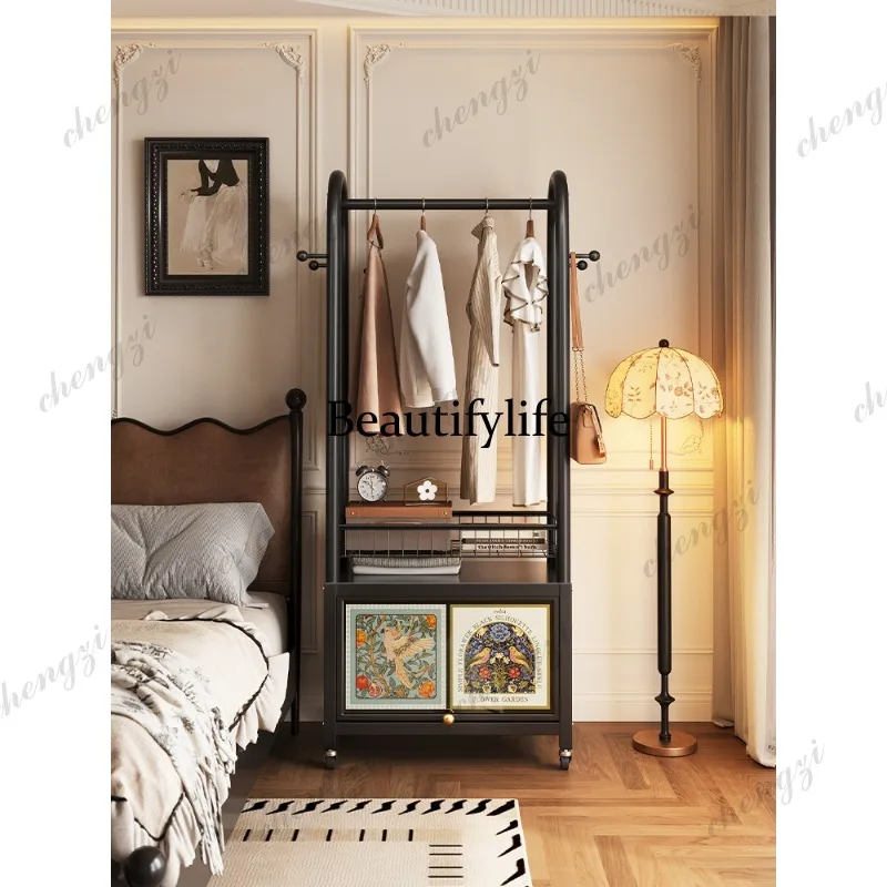 Floor-to-ceiling coat rack, bedroom retro home room mobile hanger storage, bedside table integrated