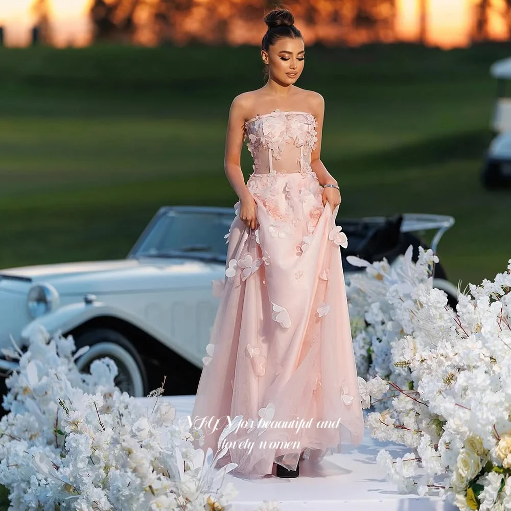 Vestido de princesa floral NFYN Vestidos de fiesta sin tirantes de color rosa Vestido de fiesta de una línea Flores 3D chter Personalizado