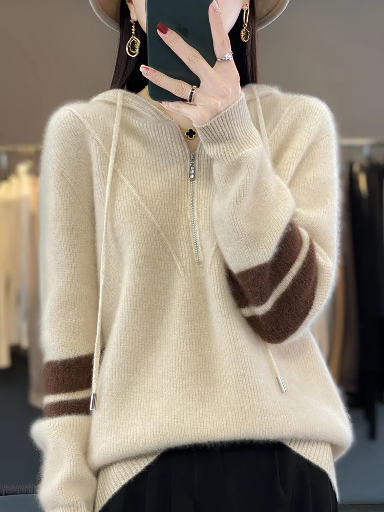 Women's Knitted Hooded Pullover, 100% Merino Wool Garment, Casual Oversized Sweater, Korean Fashion Jacket, Tops, Autumn, Winter