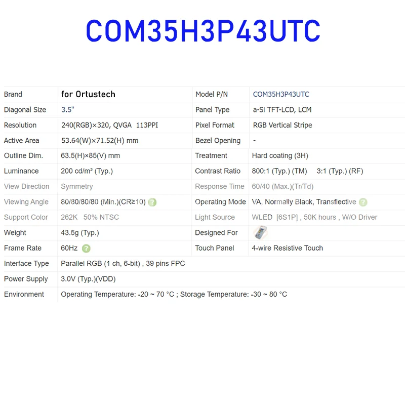 COM35H3P43UTC 3.5 Inch Original LCD Display Screen Panel for Ortustech Brand New and Fast Shipping 100% Tested