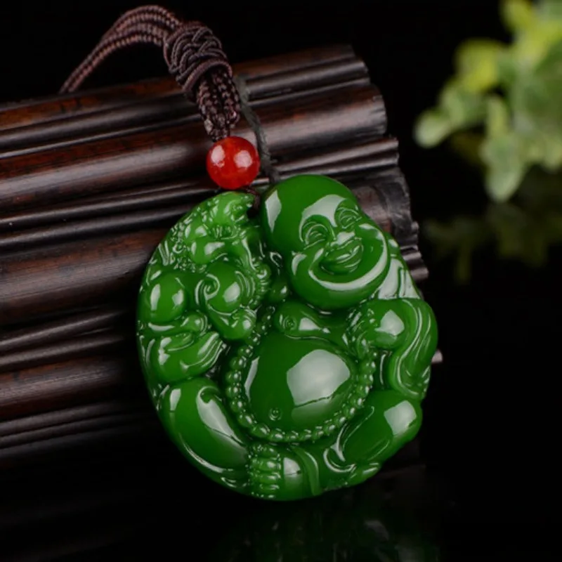 Natural Hetian Jasper Maitreya jade pendant for men and women spinach green potbellied Buddha jade pendant guardian angel