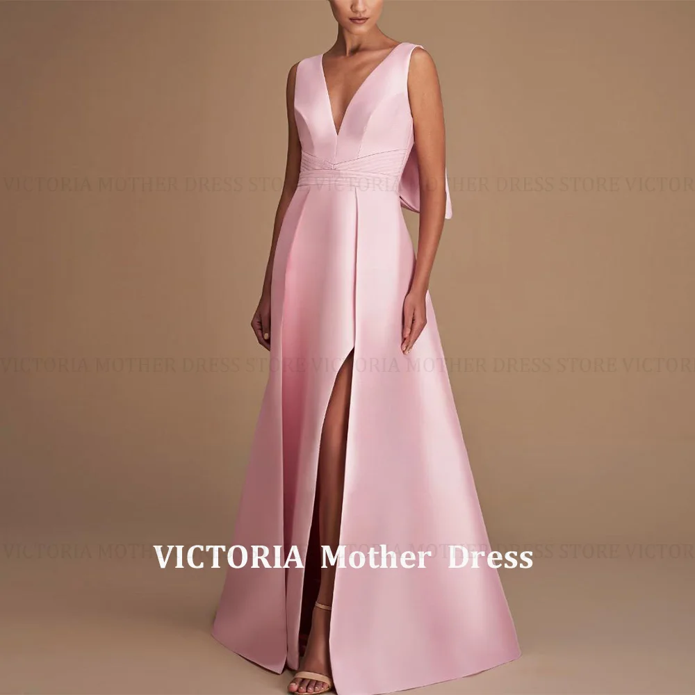 

VICTORIA Customized Satin Sexy Wedding Guest Gowns A-Line V-Neck Mother of the Bride/Groom Dress Front Slit Long Evening Gowns
