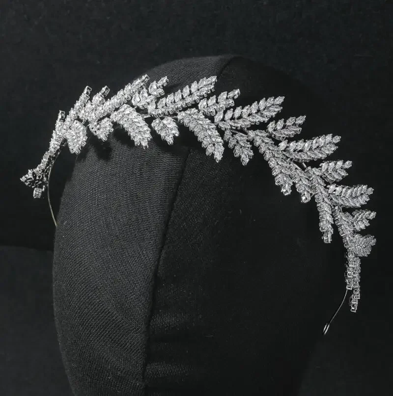 

Luxury Bridal Headband Wedding Headpiece Leaf Cubic Zirconia CZ Bride Tiara Crown For Women Diadem Prom Hair Jewelry Headdress