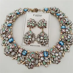 2024 New Fashion Crystal Rhinestones Large Collar Choker Necklace Earrings Women Jewelry Sets Indian Statement Wedding Necklace