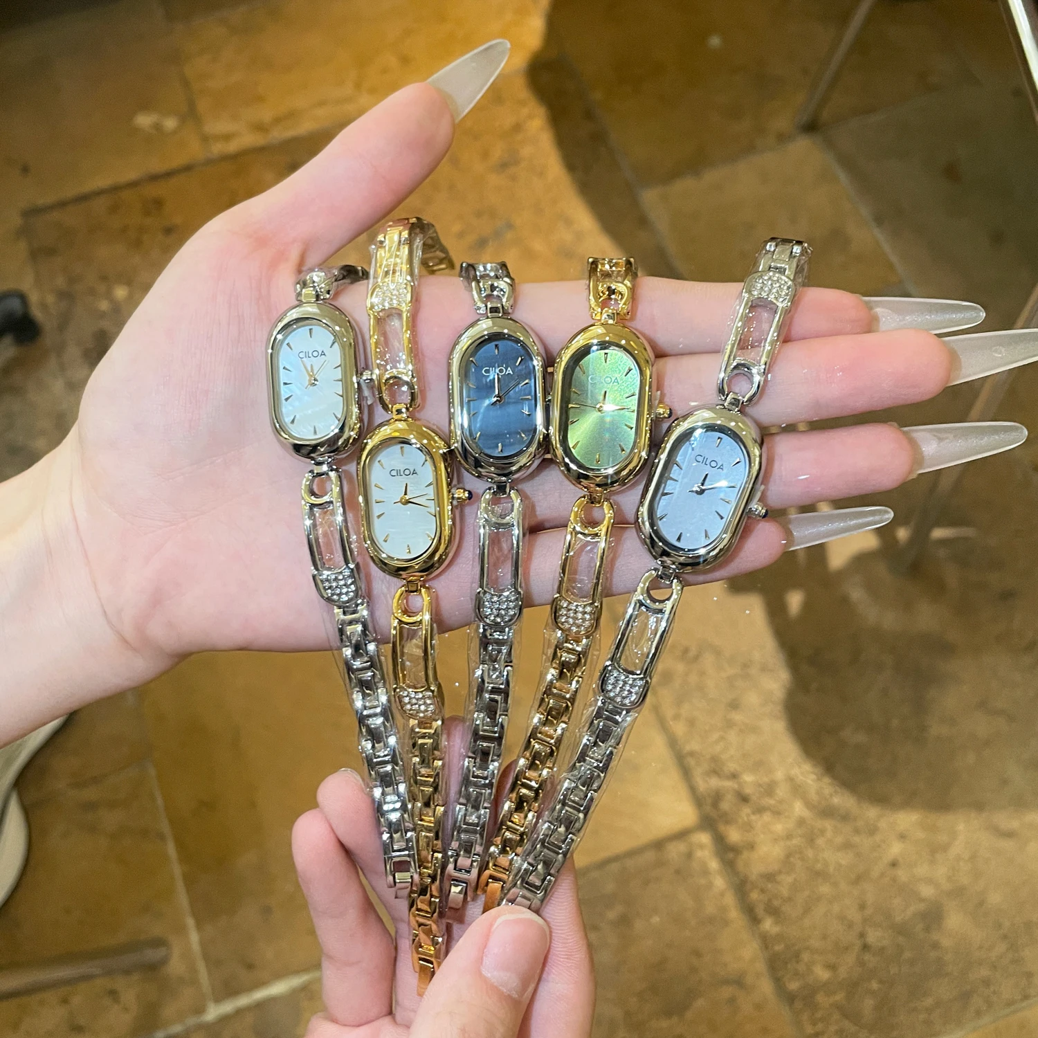 

CILOA Womens Small Oval Watch Multi Color Mother of Pearl Dial Crystal Inlay Link Bracelet Gold Silver Minimal Quartz Wristwatch