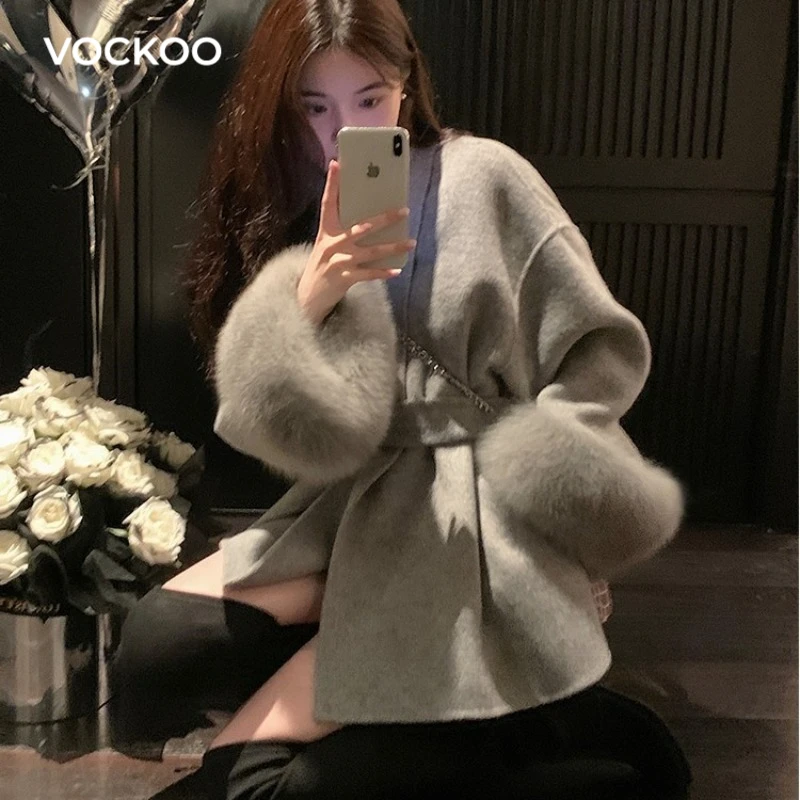 

vockoo Elegant Office Lady Overcoats Fur Patchwork Long Sleeve Woolen Coat Beautiful Women's Clothing Jacket Autumn 20256Winter
