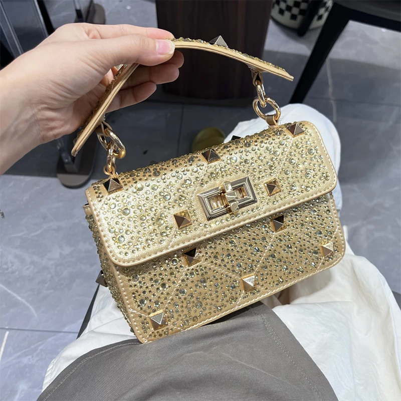 Luxury Handbag Women\'S Studded Crossbody 2024 Hot Rhinestone Studded Chain Small Square Bag Designer Brand Handbag Flap