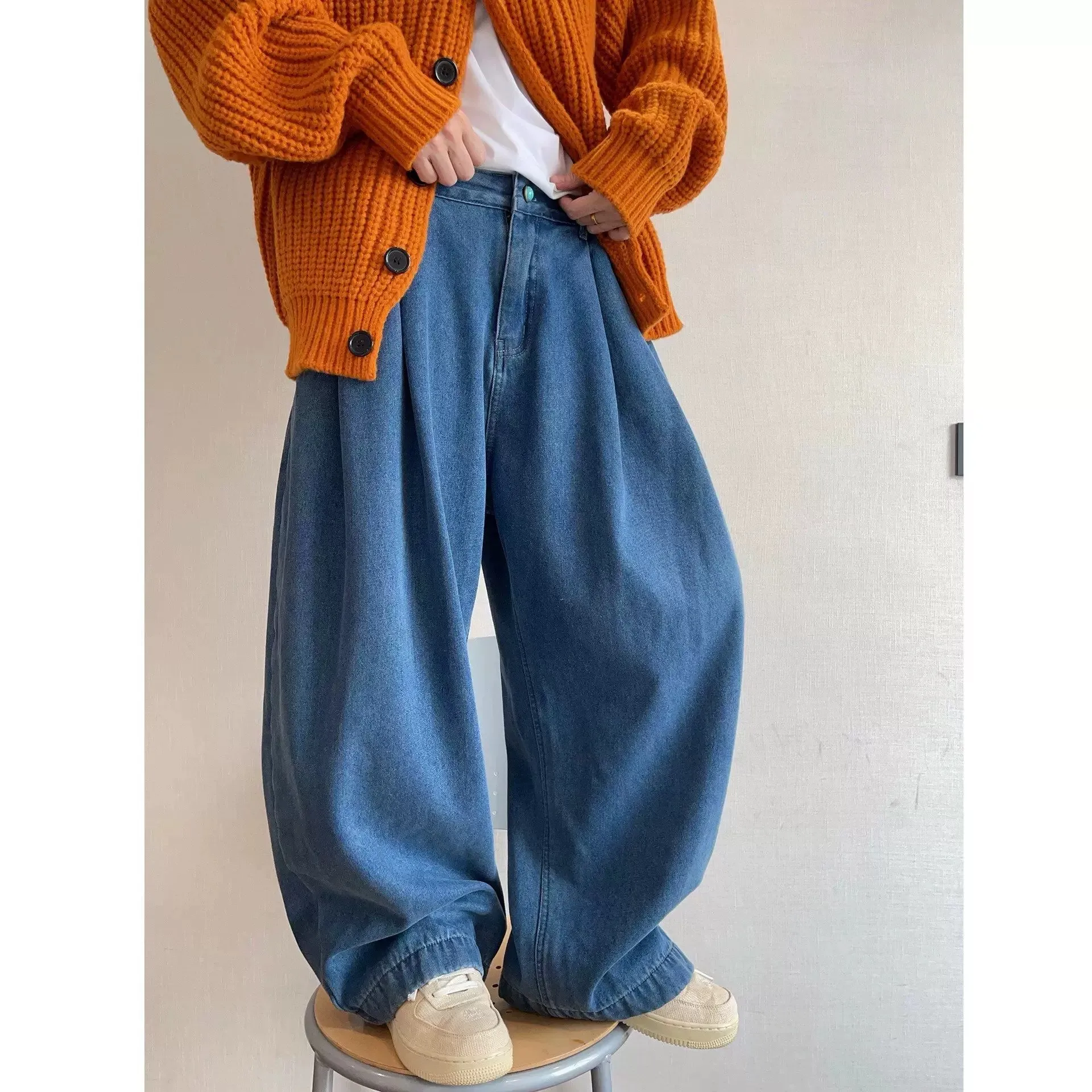 Calça Jeans Unissex Plus Size 300 Libras Azul Lavado Perna Larga Estilo Casual Solto Corte Reto Primavera Outono