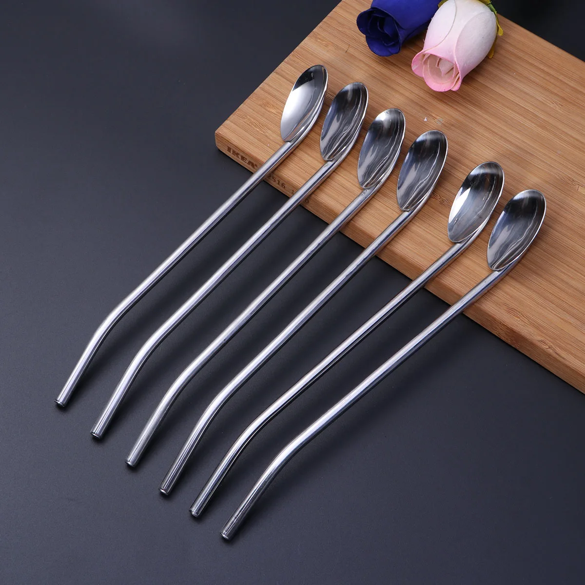 

6 pcs StainlessSteelStrawSpoon ReusableMetal Drinking Mixing Silverware HollowH LeakProof ColdBeverages