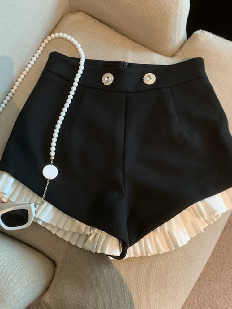 

Женские повседневные шорты с кружевной отделкой и высокой талией, широкие штанины, модные, весна-осень, новинка, с бриллиантовой отделкой, утягивающие, хит продаж