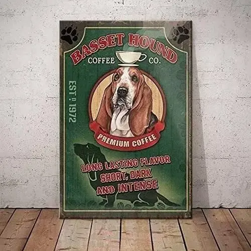 Basset Hound Metal Tin Sign Basset Hound Coffee Co. Funny Poster Cafe Kitchen Living Room Bathroom Home Art Wall Decor Plaque Gi