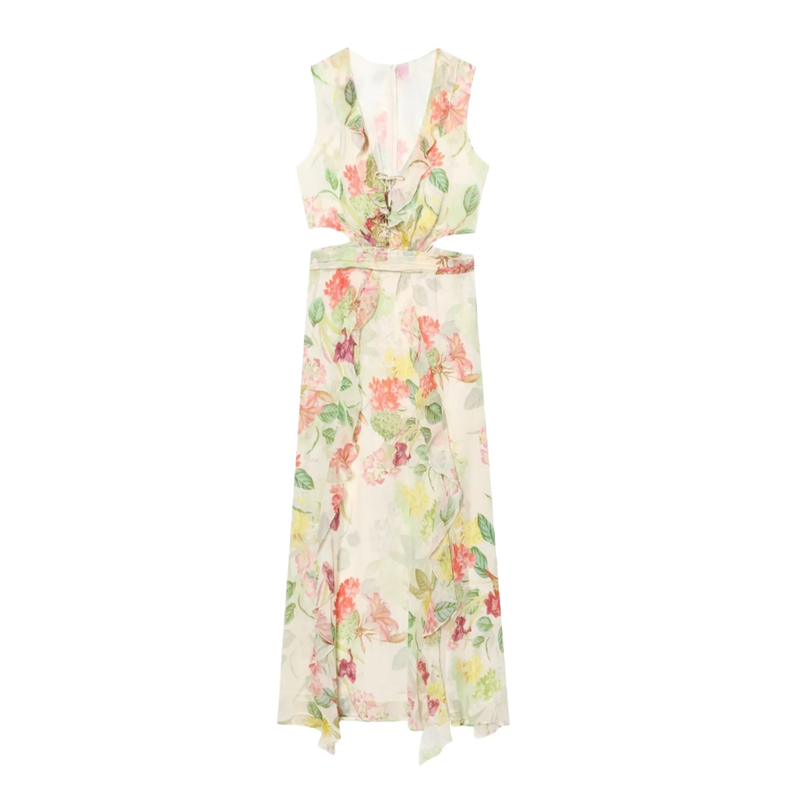 

BM&MD&ZA Womens French Style Elegant V - Neck Sleeveless Vest - Style Midi Printed Dress with Waist Cut - out Design