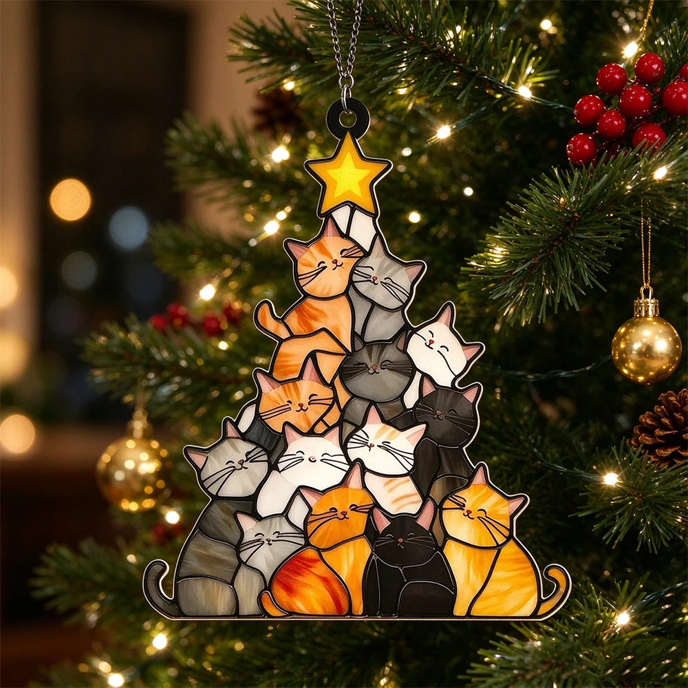 Cat Christmas Tree Ornament Stained Glass Suncatcher Cute Stacked Cat Xmas Hanging Decor Christmas Window Hanging Pendant Gift