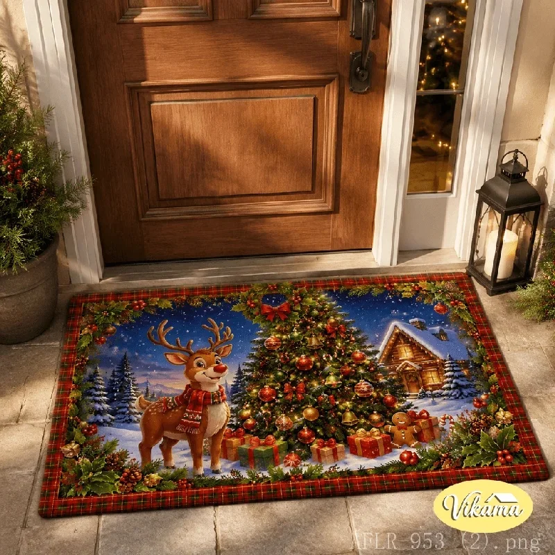 VIKAMA Christmas Santa Snowman Door Mat, Winter Snow Scene Reindeer Gingerbread Non Slip Absorbent Rug Holiday Entrance Decor