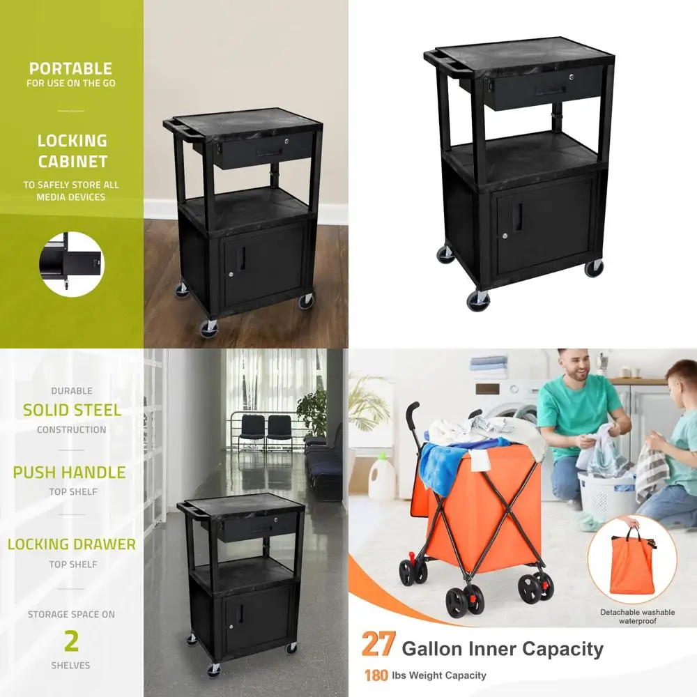 LUXOR WT42C2E-B/WTD Carro AV de 42 H - Cajón de cabina de 3 estantes - Negro, 4 ruedas con rodamiento de bolas con dos frenos de bloqueo, Sto multiusos
