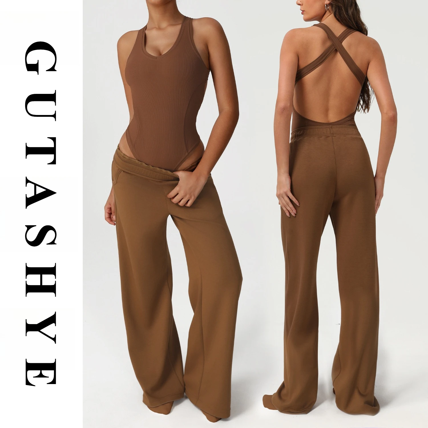 Women All-match Tight Bodysuit Loose Wide Leg Yoga Pants Set Outdoor Dance Gym Pilates Multi-scene Athletic 2Pcs Workout Outfit
