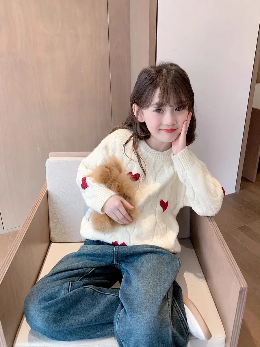 Teenager Girls Autumn Winter Thick Warm Knitted Sweater Round Neck Love Jacquard White Red Kids 3-12 Years Old Knitwear Top