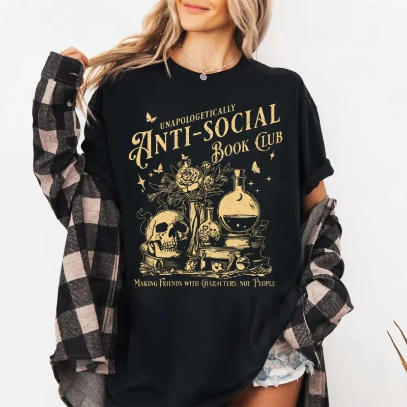 Anti-Social Anti-Social Book Club T-Shirt Introverted Reader Vintage Style Graphic Tee Men's Women's Short Sleeve T-Shirt Half Sleeve Top - Aliexpress Deal