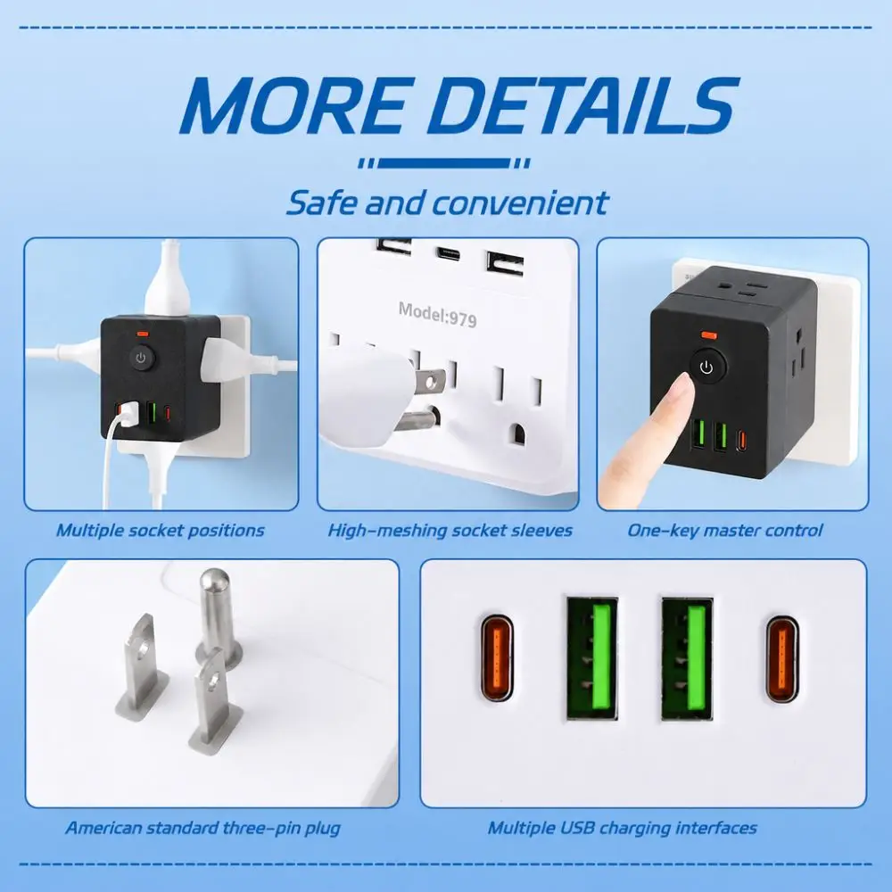 Professional Multi Plug Outlet Extender Overload Protection Surge Protector Outlet Splitter Durable USB C Power Strip Dorm view 6