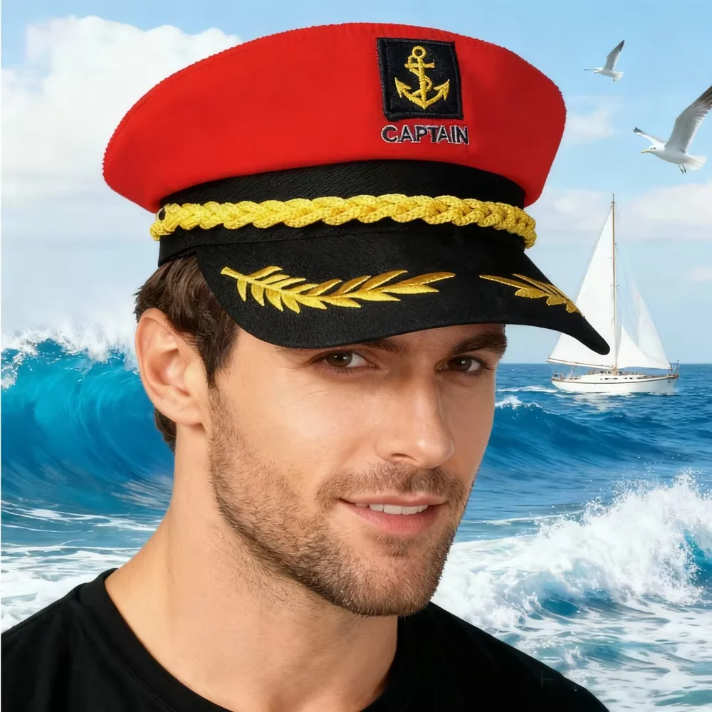 PESENAR Captain Style Red and Black Naval Hat with Anchor Emblem for Cosplay and Costume Accessory